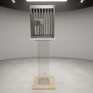 Event-Tresor 'Fort Knox' im Chromstahlrohr-Design mit elektronischem Zahlenschloss, präsentiert auf einer transparenten Säule für Messen und Events